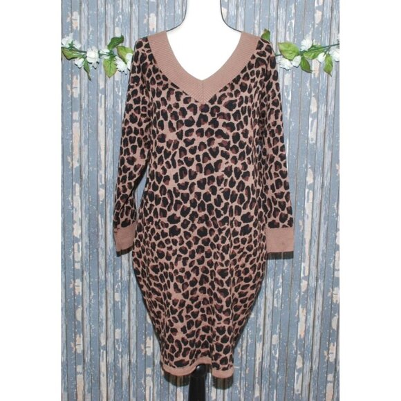 Cato Dresses & Skirts - Cato Brown Leopard Animal Print Sweater Dress Size L Sexy Bodycon V-neck Stretch
